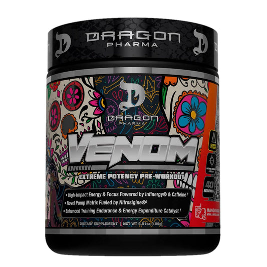 DRAGON PHARMA Venom Extreme bottle front signals intense pre-workout energy.