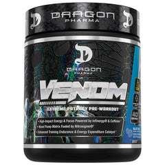Dragon Pharma Venom Extreme pre-workout bottle with scoop for focused training sessions