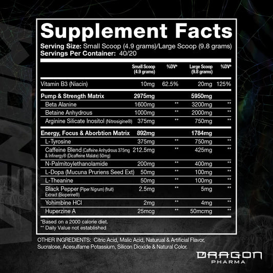 Venom Extreme ingredients label highlighting caffeine and Infinergy for sustained energy