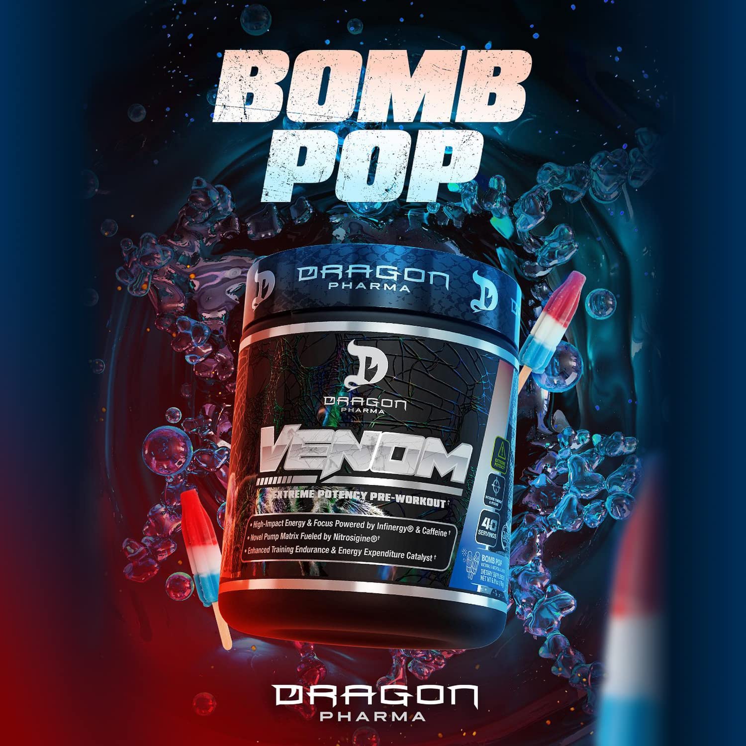 Dragon Pharma Venom Extreme jar close-up showing powder texture.