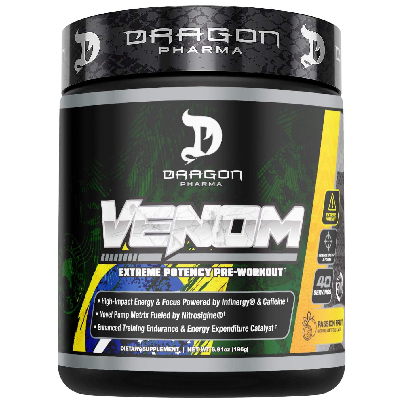 DRAGON PHARMA Venom extreme potency bottle ready for pre-workout energy boost.