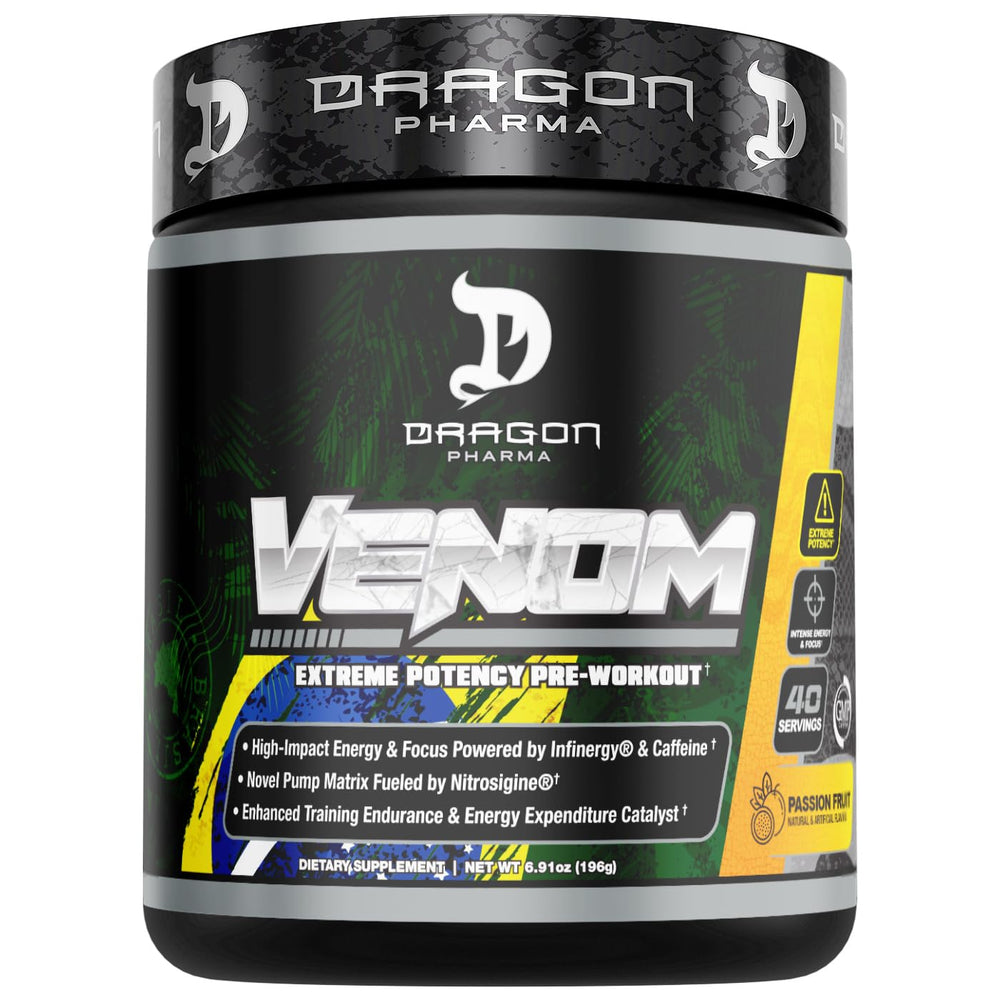 DRAGON PHARMA Venom extreme potency bottle ready for pre-workout energy boost.