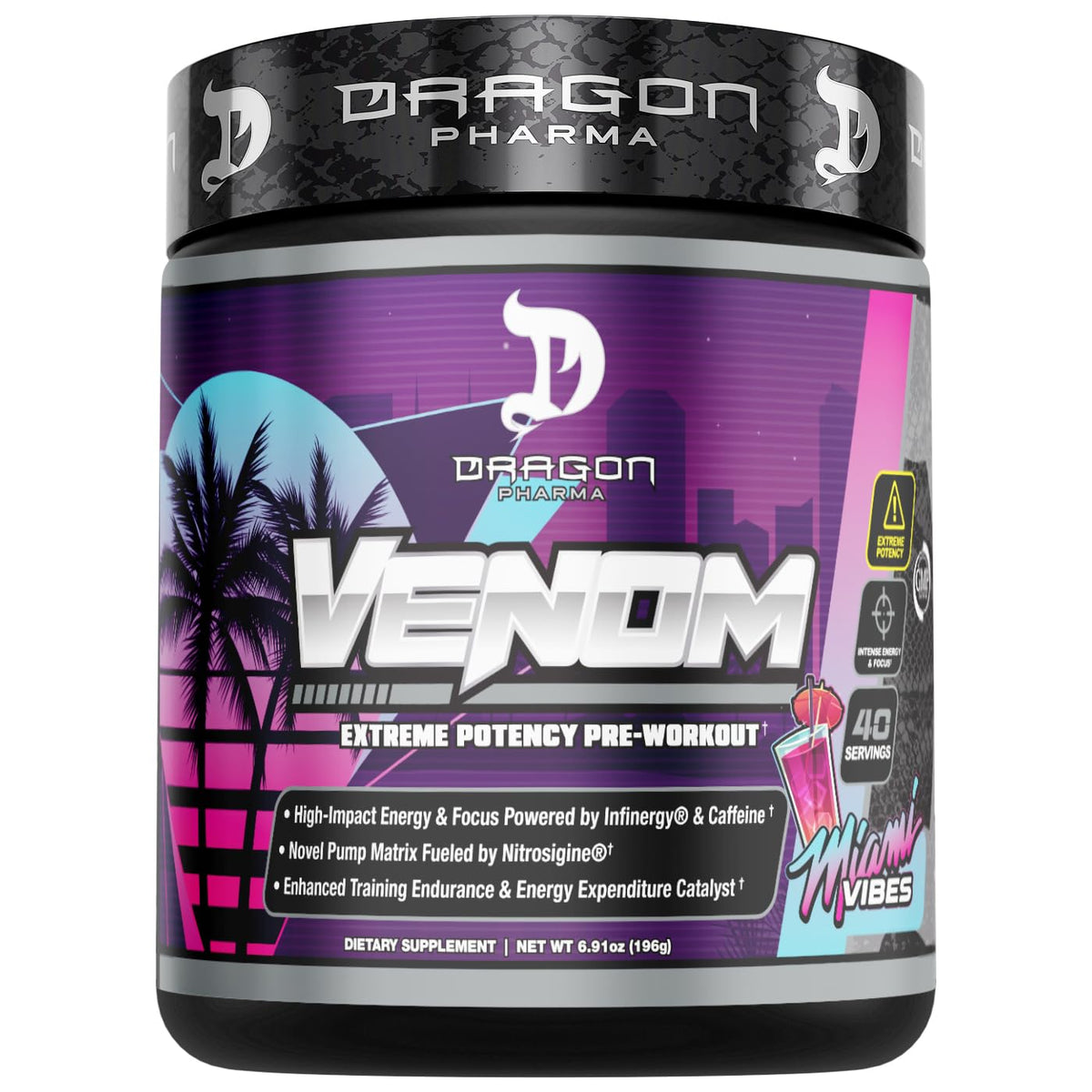 DRAGON PHARMA Venom Extreme pre-workout tub for intense focus during training.
