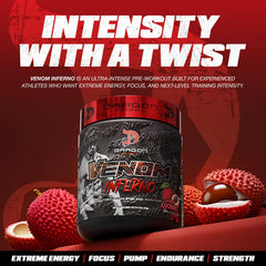 Close-up of Venom Inferno label highlighting caffeine and focus ingredients.