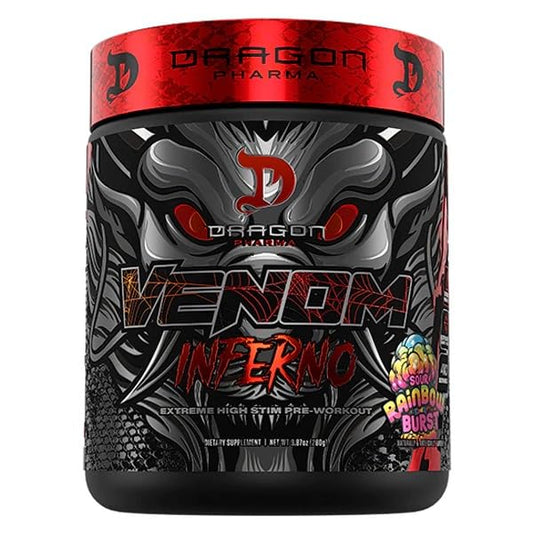 Dragon Pharma Venom Inferno tub shows bold high-stim energy for intense workouts.