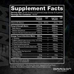 DRAGON PHARMA Venom ingredient label highlights the high-dosage caffeine and key actives.
