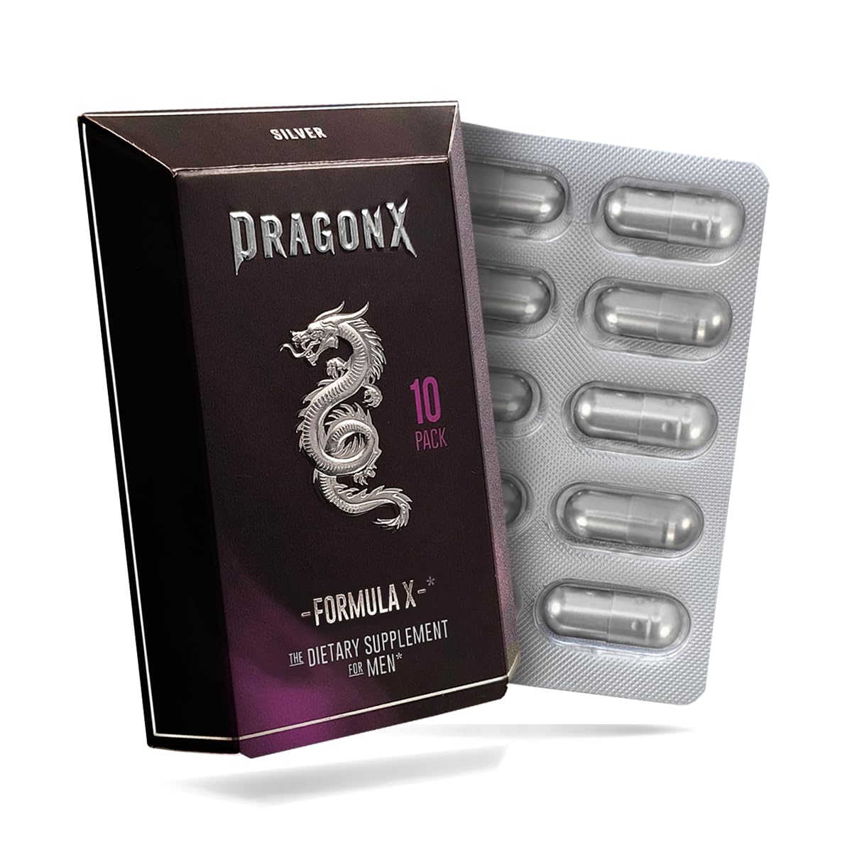 DRAGONX Silver bottle closeup highlighting premium male wellness formula.