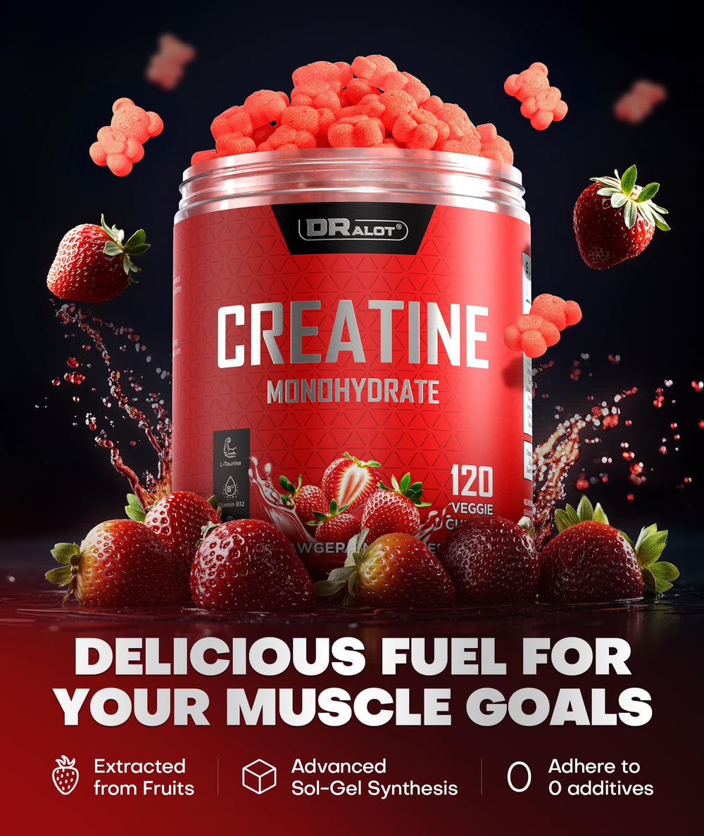 Dralot Creatine Gummies bottle on counter for quick dosing