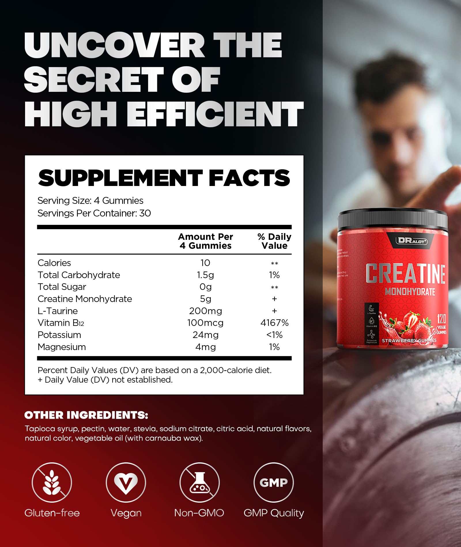 Dralot Creatine Gummies ingredients panel highlights vegan formula