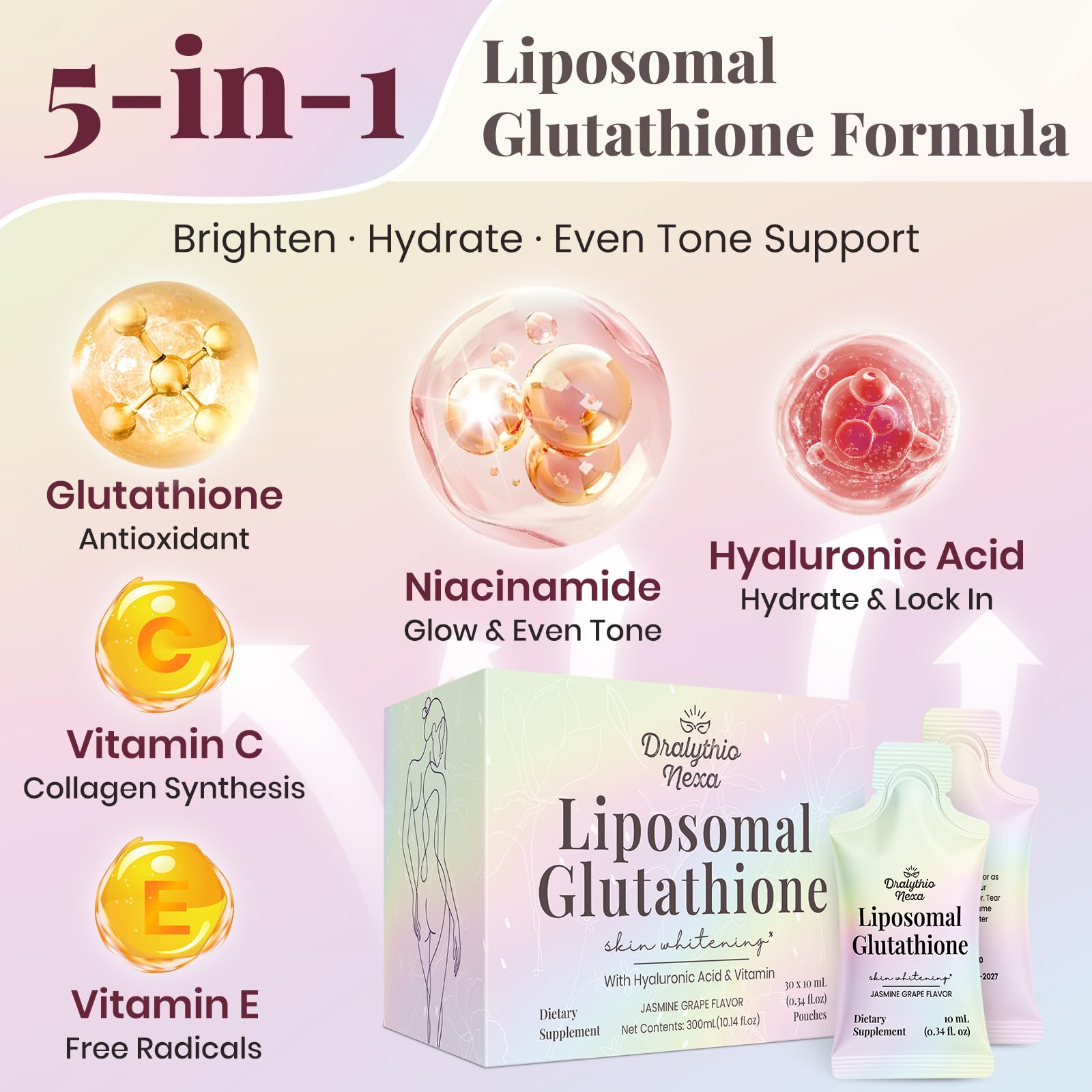 DRALYTHIO NEXA grape jasmine flavored glutathione liquid in glass bottle