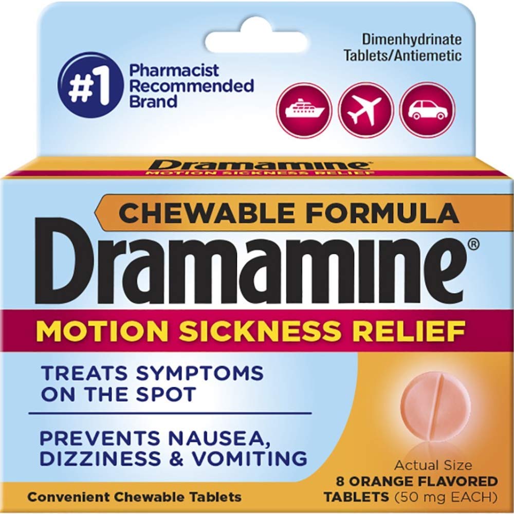 Dramamine chewable motion sickness relief tablets, travel-ready to ease nausea and dizziness