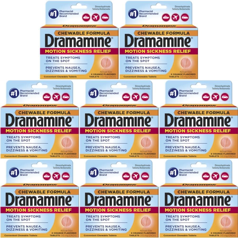 Dramamine chewable motion sickness relief bottle shown for fast on the go relief