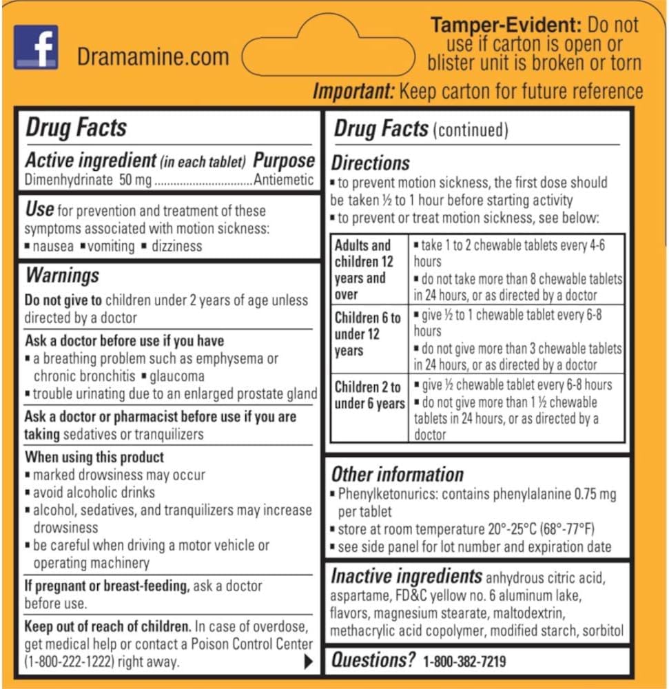 Dramamine chewable tablets close up emphasizing texture and flavor