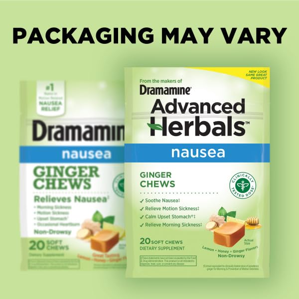 Dramamine Ginger Chews dosing before travel demonstrates taking 2 chews for pre-trip relief.