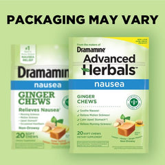 Dramamine Ginger Chews dosing before travel demonstrates taking 2 chews for pre-trip relief.
