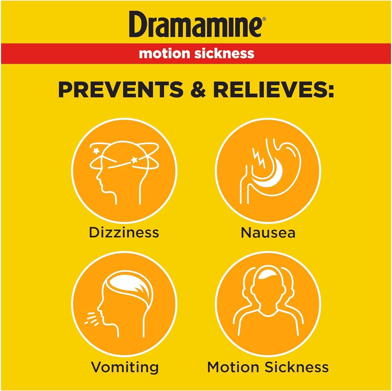 Dramamine orange flavoured tablets shown up close for easy travel relief
