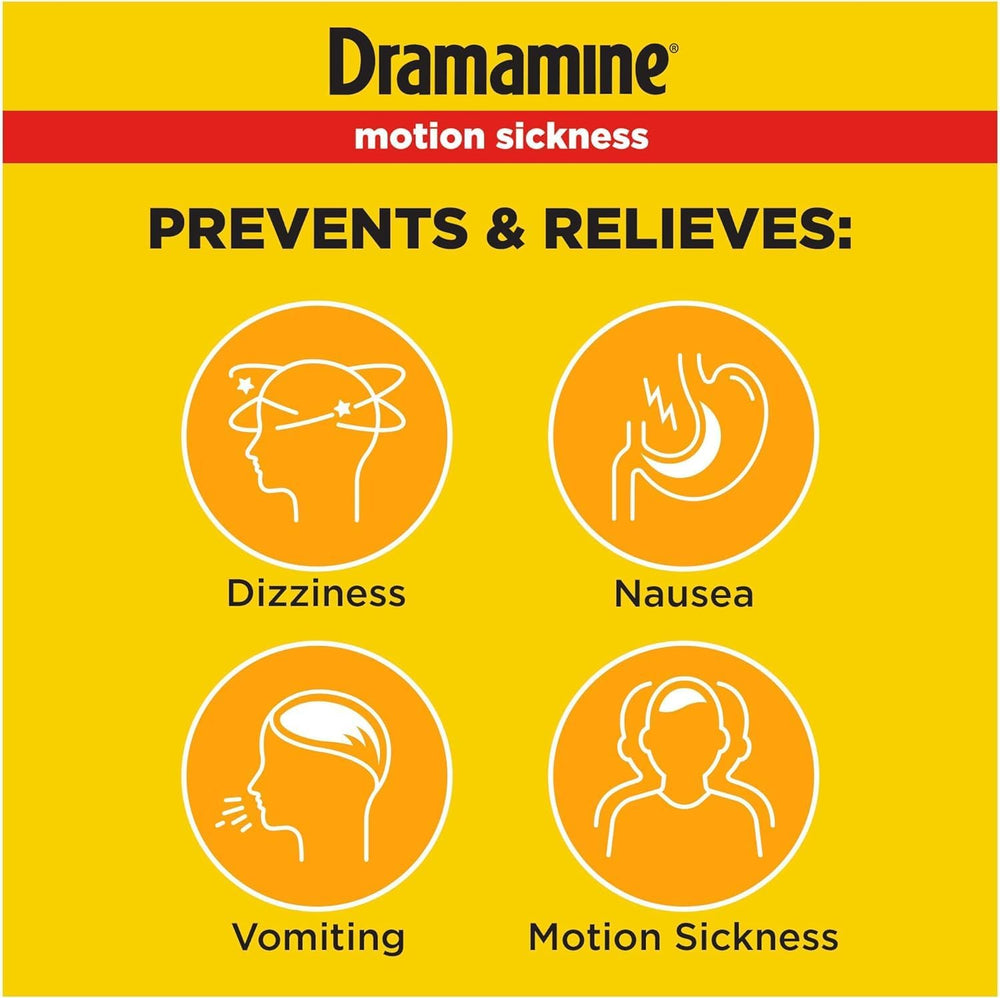 Dramamine orange flavoured tablets shown up close for easy travel relief