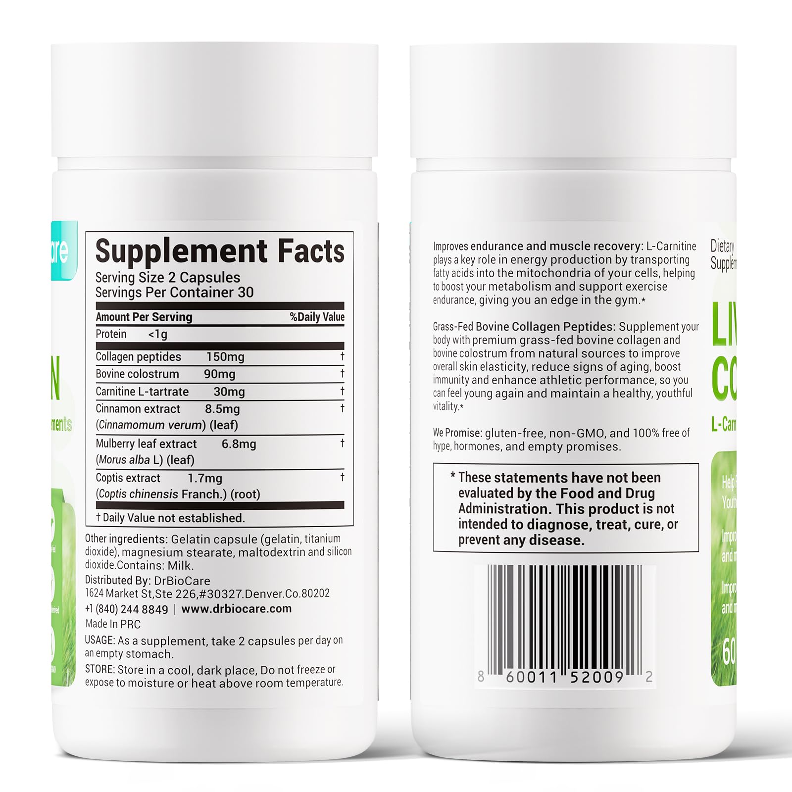 DrBioCare 120-capsule packaging shows compact, mess-free daily option.