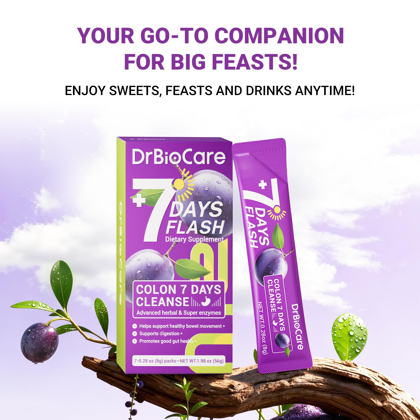 DrBioCare Colon 7 Days Cleanse packaging displaying prune flavor and 14-pack value