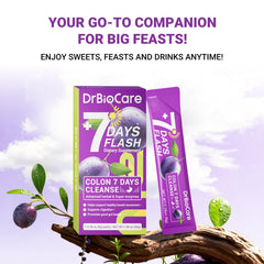 DrBioCare Colon 7 Days Cleanse packaging displaying prune flavor and 14-pack value