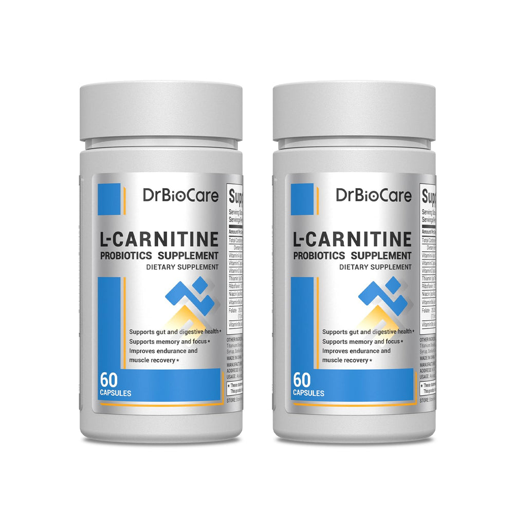 DrBioCare L-Carnitine Probiotics bottle showing convenient daily energy and gut support