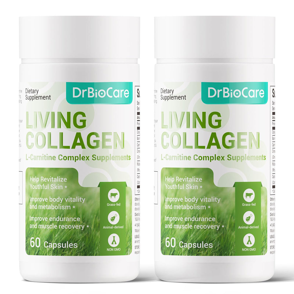DrBioCare Living Collagen L-Carnitine Complex bottle displays grass-fed collagen and colostrum for vitality.