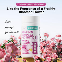 DrBioCare Women's Complex capsules close-up showing seven probiotic strains for gut balance.