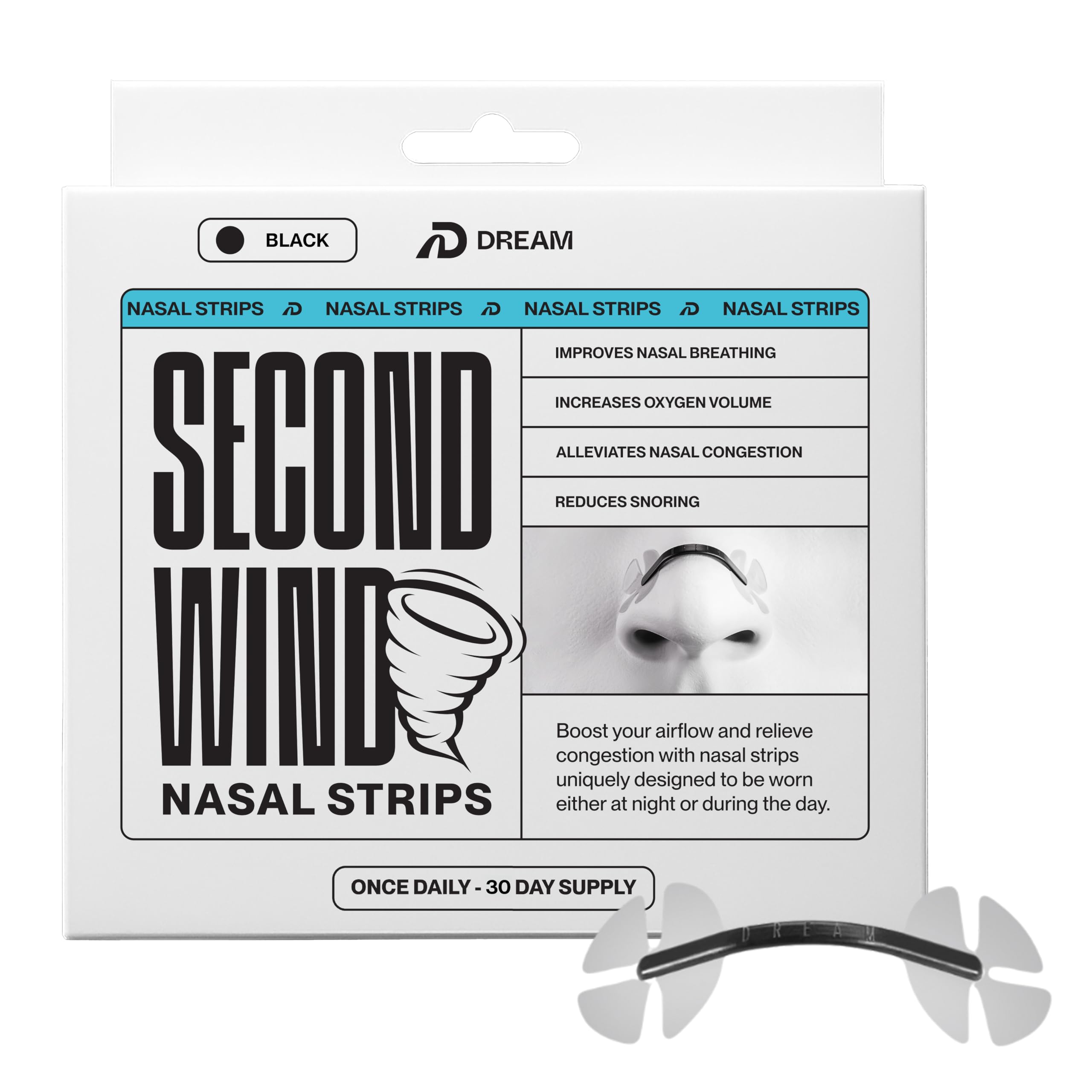 DREAM RECOVERY Second Wind nasal strip package for easier breathing and snore relief.