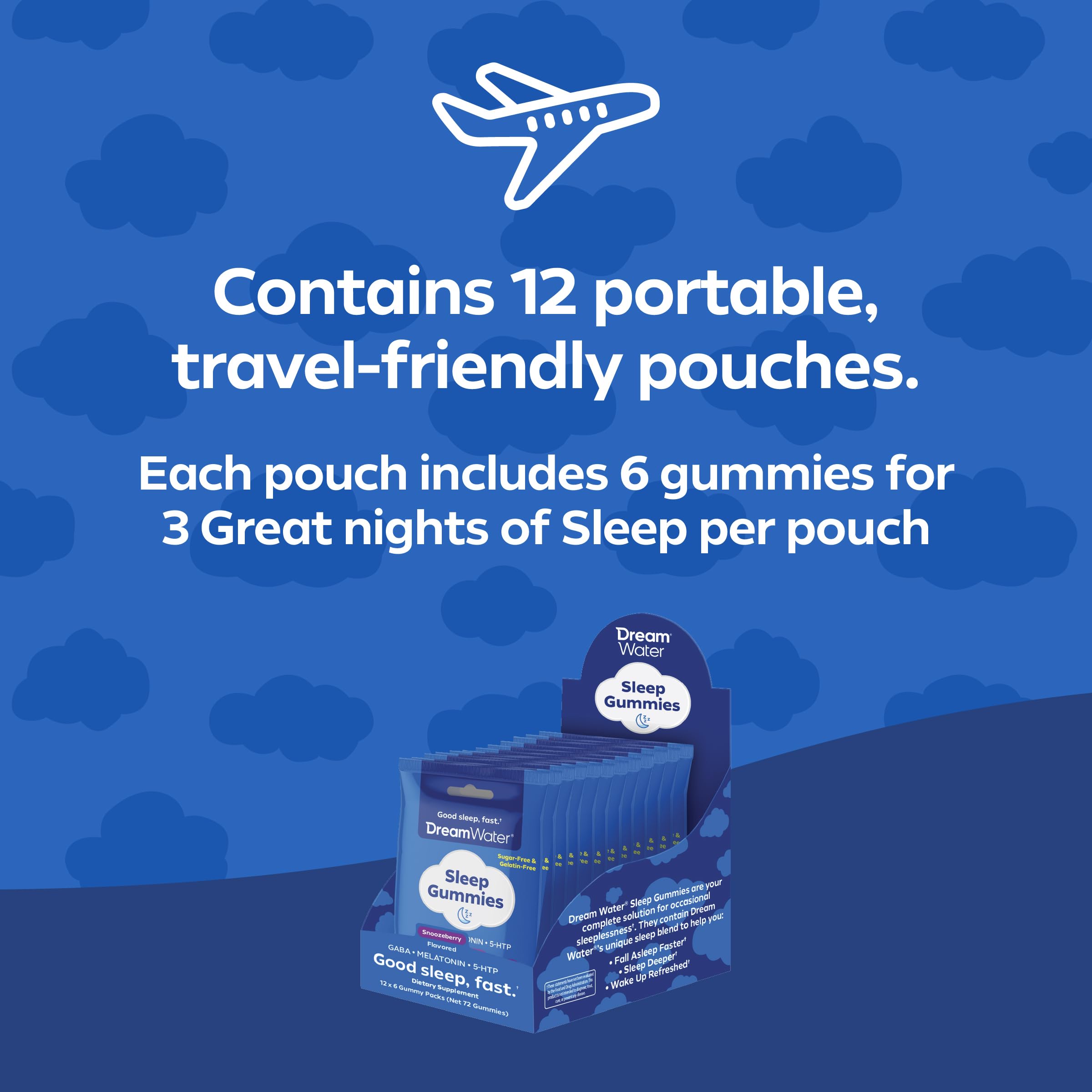 Dream Water packaging shows 6 gummies per pouch for portable convenience.