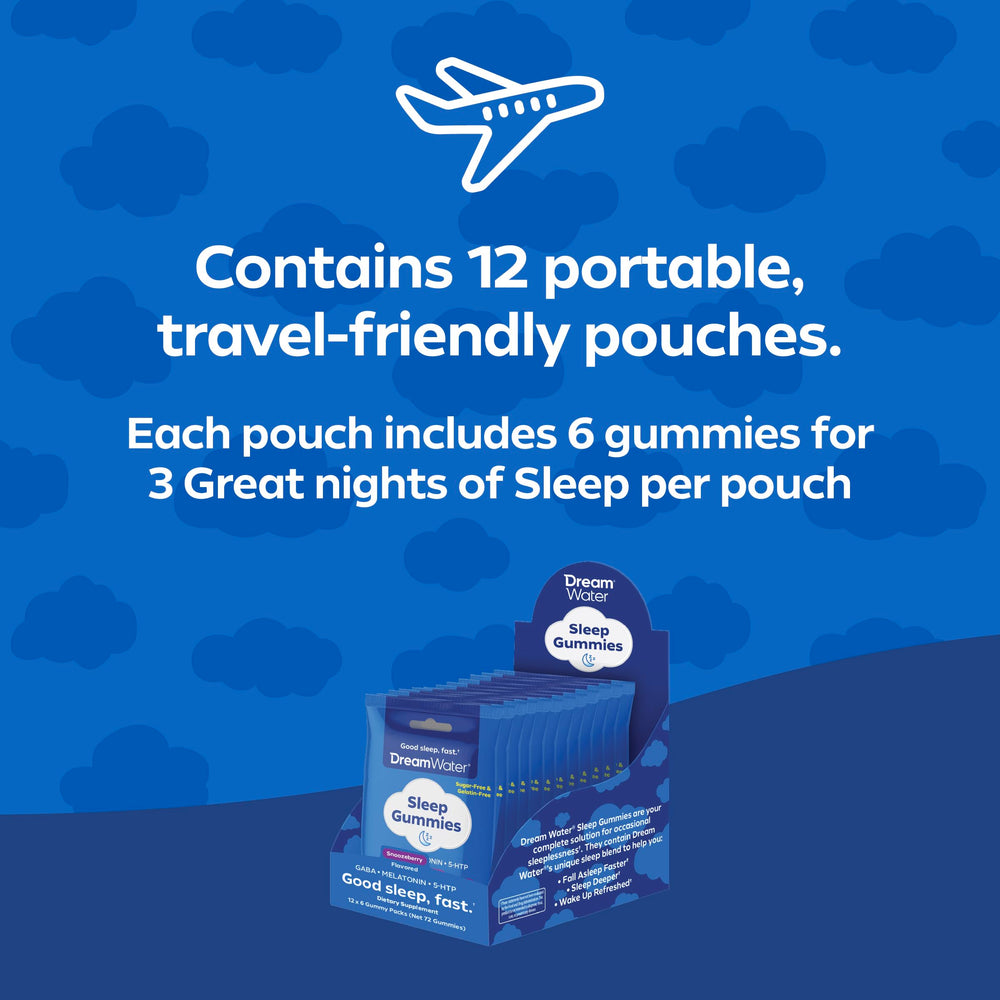 Dream Water packaging shows 6 gummies per pouch for portable convenience.