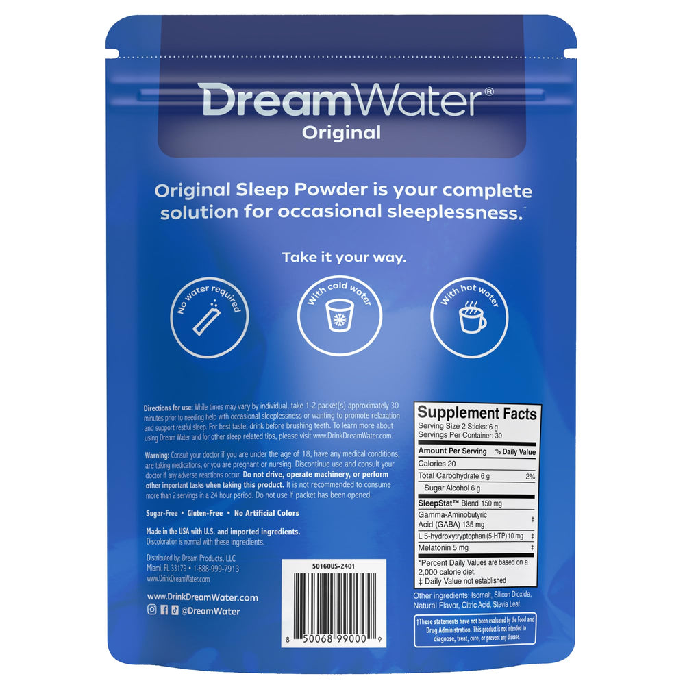 Dream Water ingredients panel highlighting natural sleep aids.