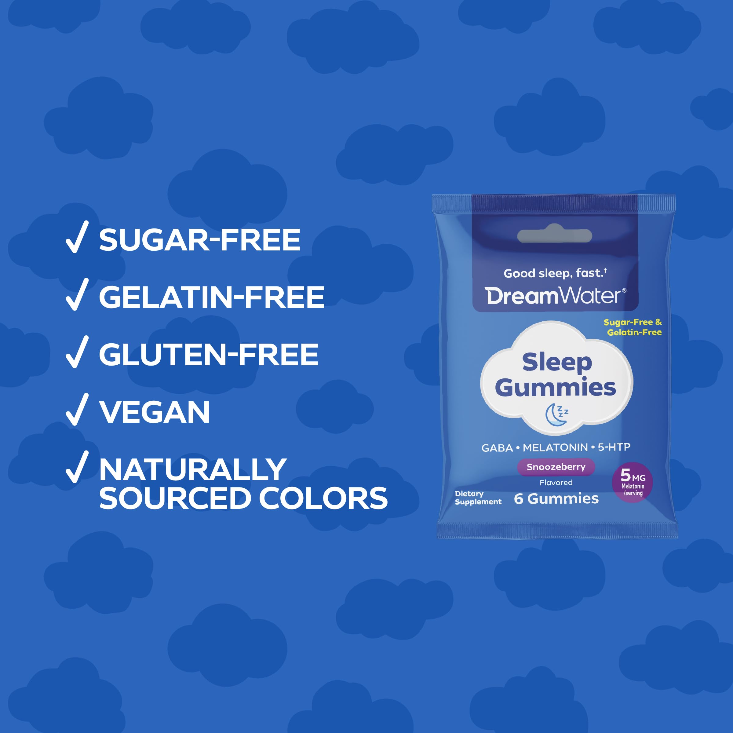 Dream Water SleepStat ingredients panel highlights GABA, melatonin, and 5-HTP blend.
