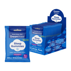 Dream Water Snoozeberry travel pouch showing six gummies for on-the-go sleep support.