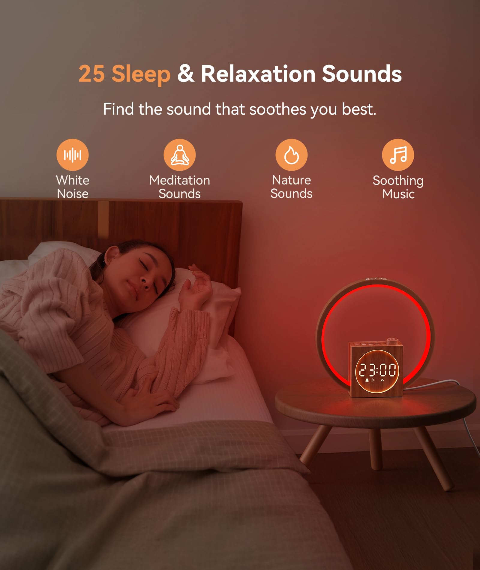Dreamegg Sunrise Alarm Clock wood-grain finish as stylish bedside decor.