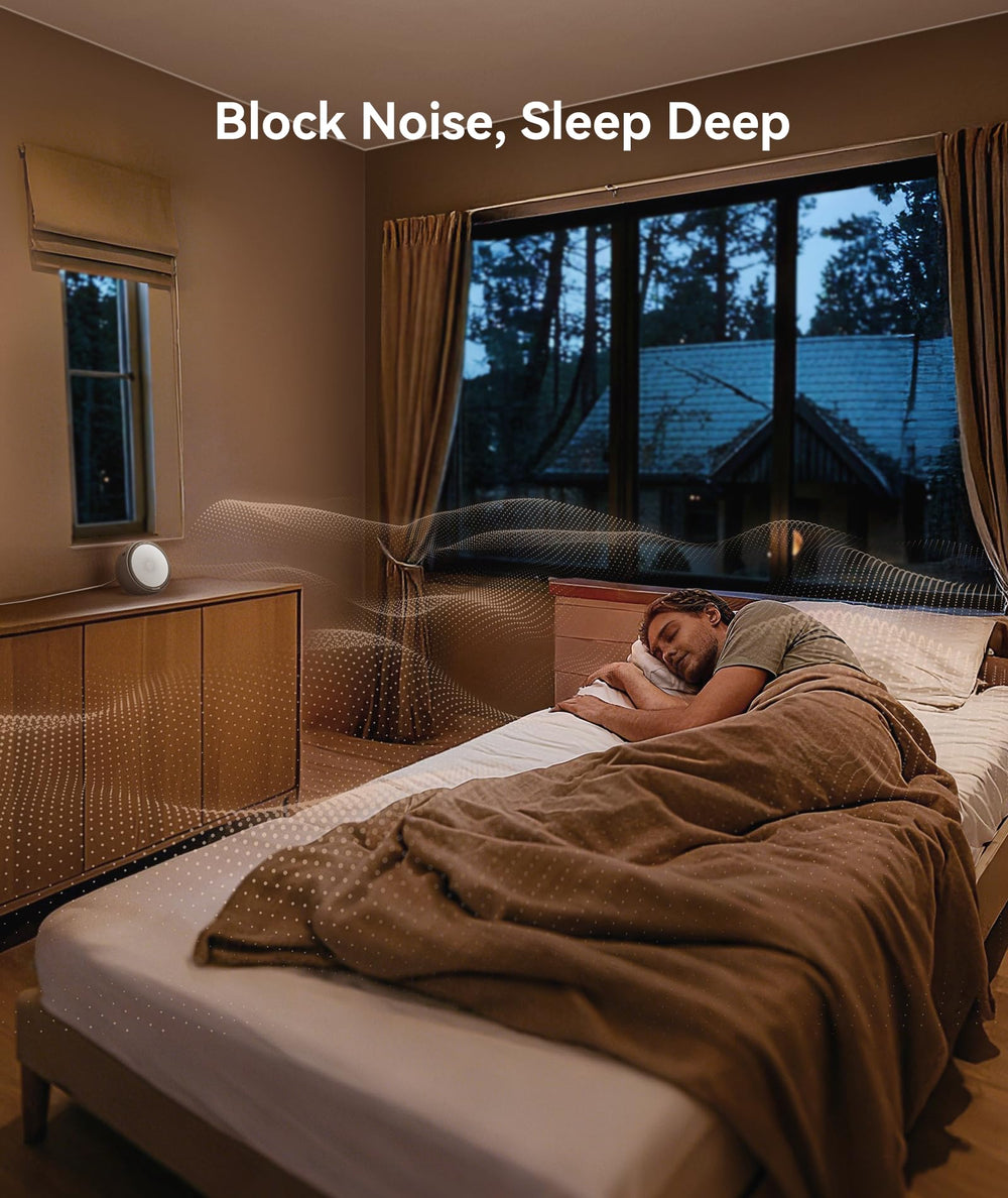 Dreamegg white noise machine side panel with controls for easy timer and volume adjustment.