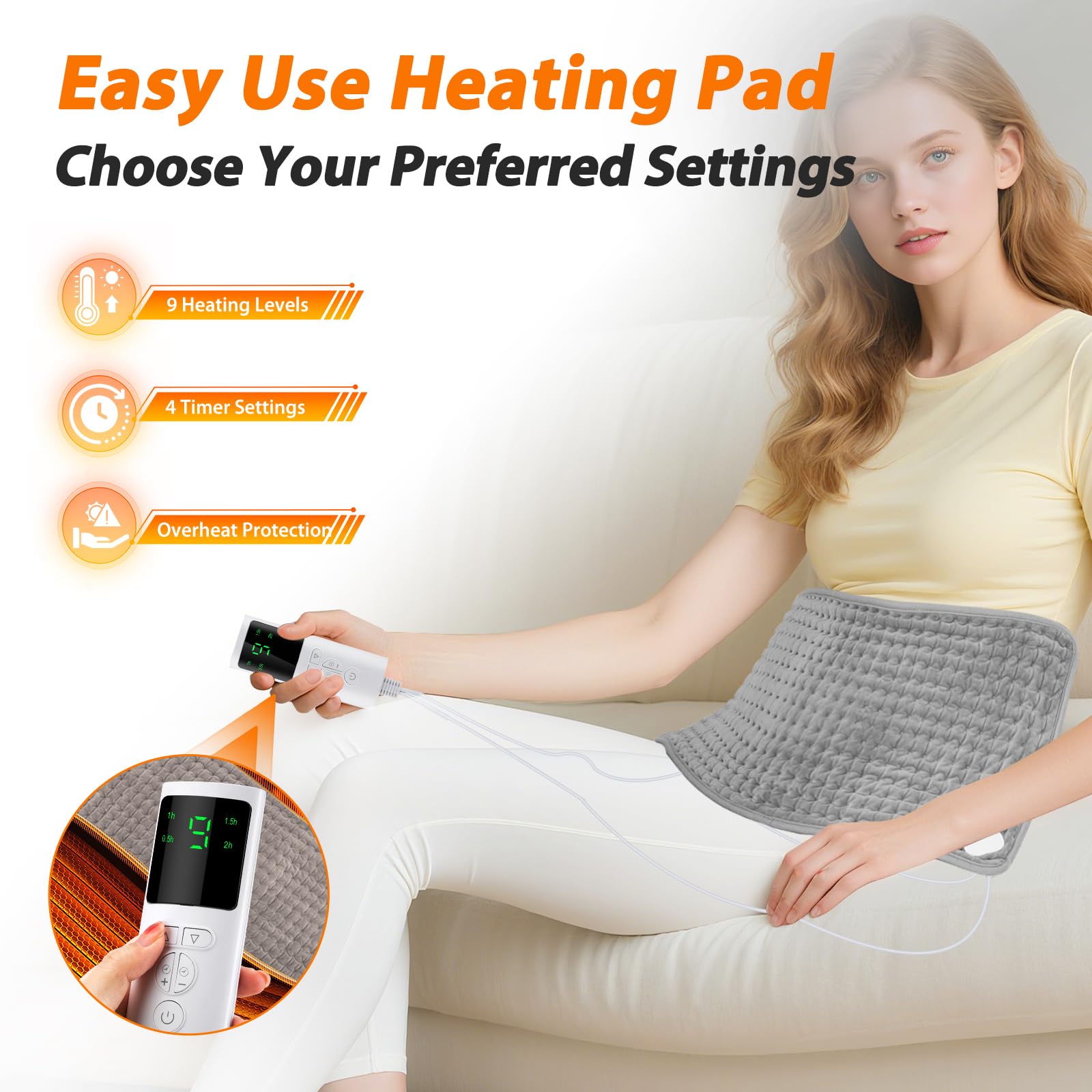 DREAMSOME heating pad control panel shows 9 heat levels and 4 timers for customization