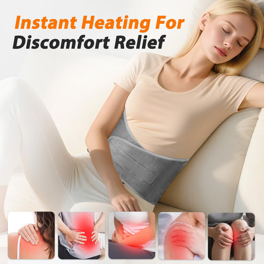 DREAMSOME heating pad waist wrap demonstrating adjustable fit for long-lasting warmth