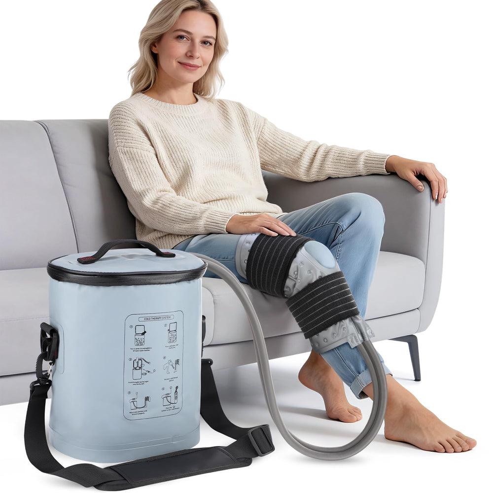 DREAMSOME knee cold wrap demonstrates flexible fit for post-surgery comfort