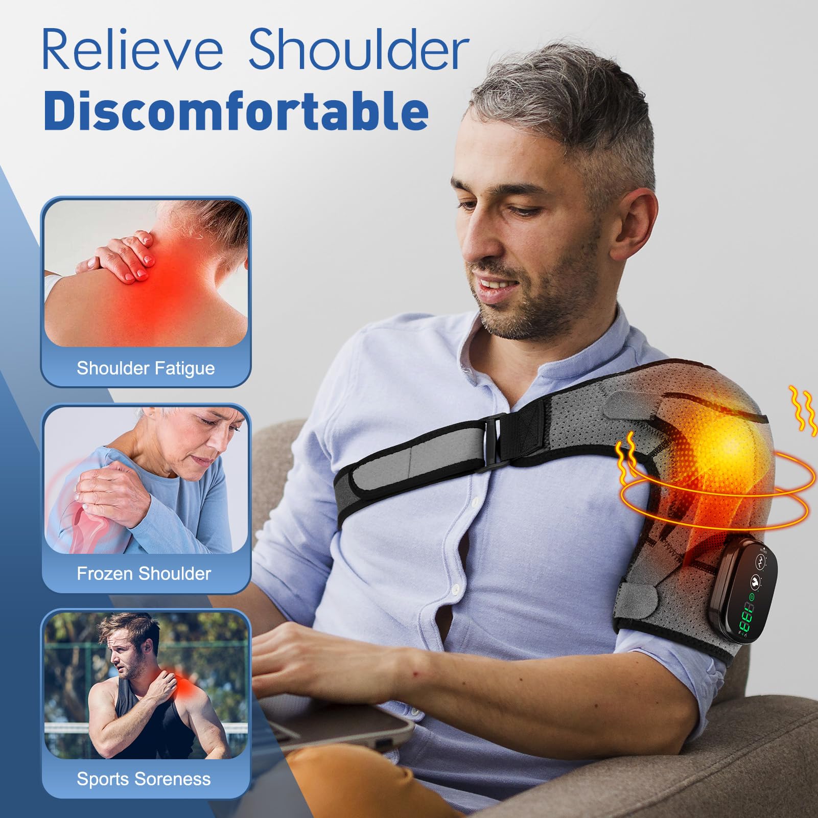 DREAMSOME shoulder wrap with battery illustrating portable heating and massage capability