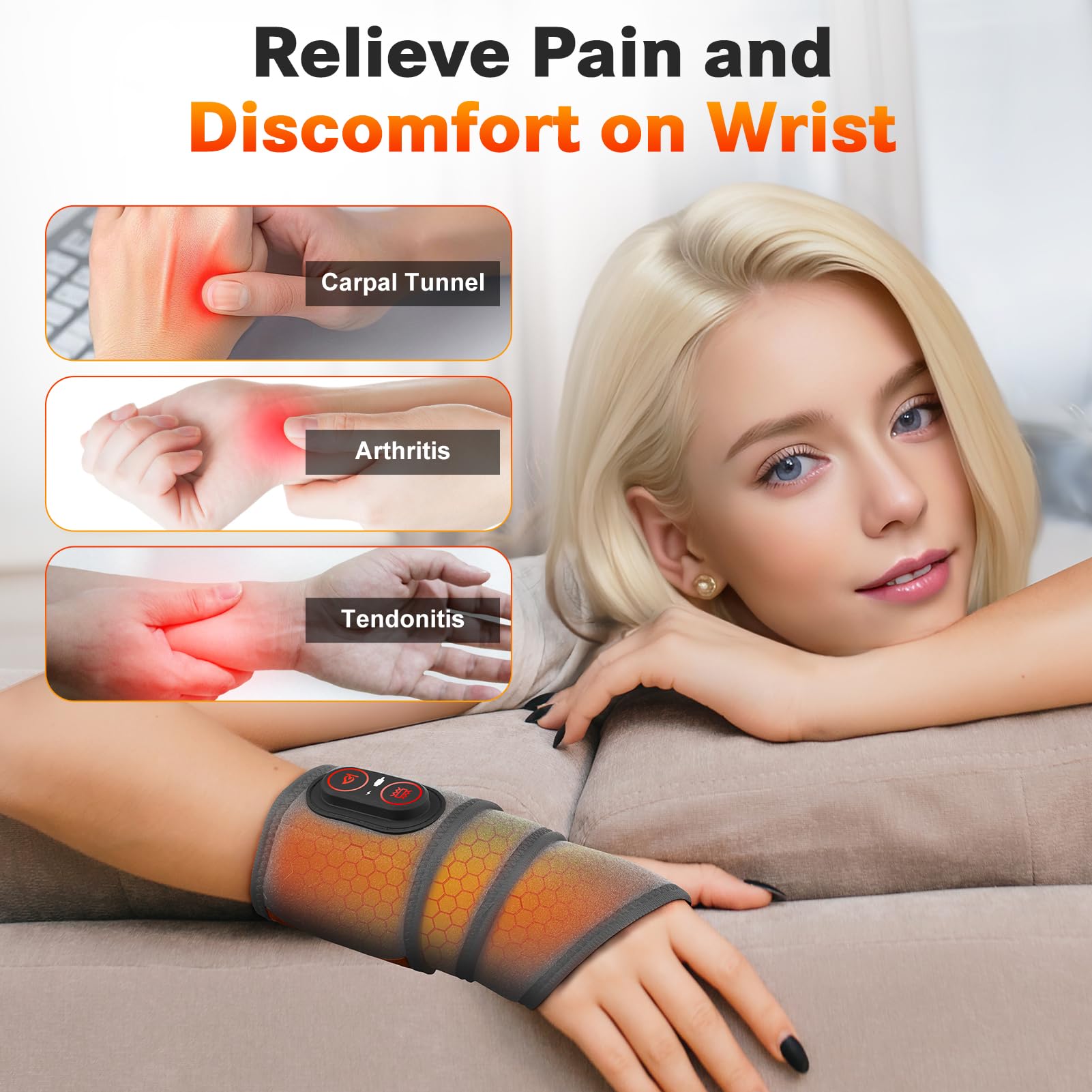 DREAMSOME wrist massager showing heat and vibration features for customizing comfort