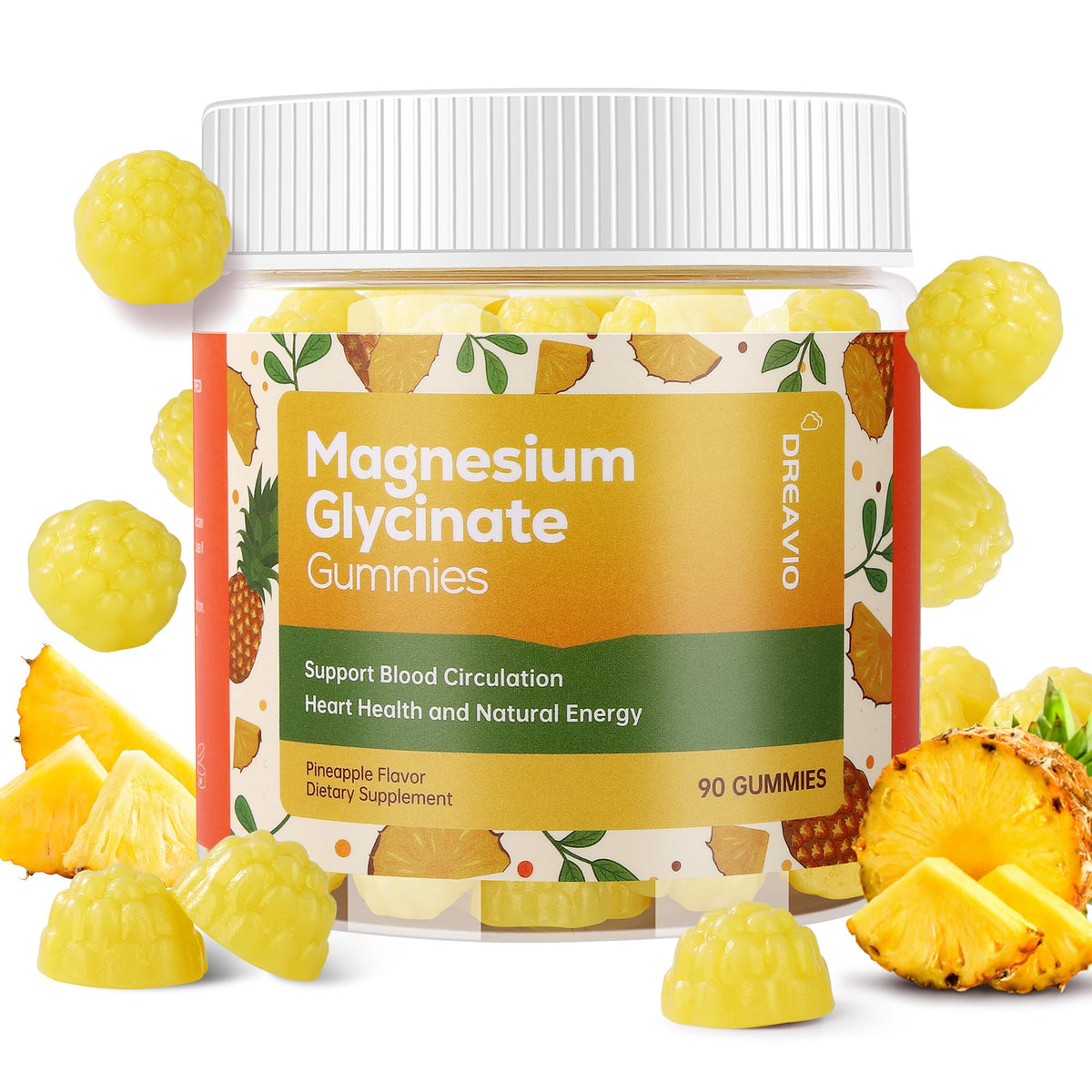 Dreavio magnesium glycinate gummies pineapple bottle showcases relaxing support