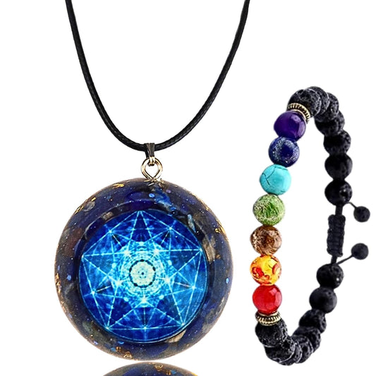 DREMINOVA orgonite chakra pendant with pentagram five star crystal for balanced energy.