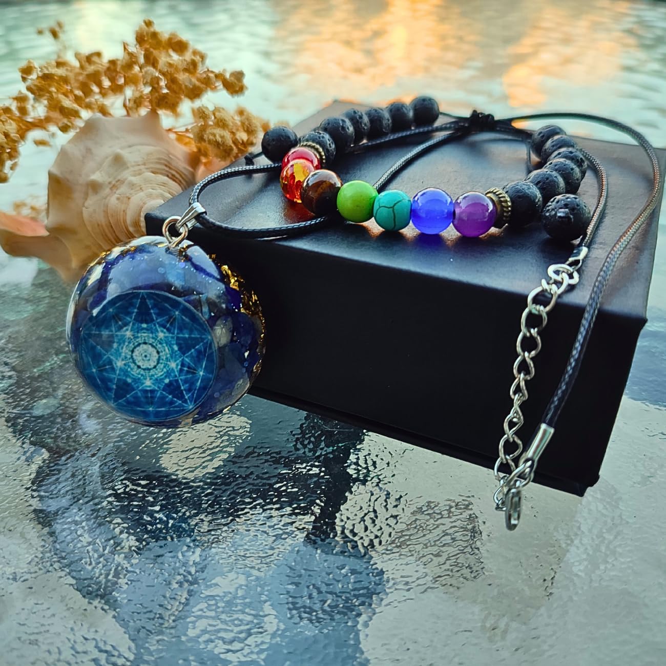 DREMINOVA orgonite pendant used during meditation for inner focus.