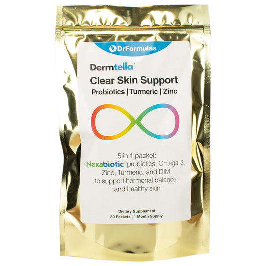 DrFormulas Dermtella bottle pouring capsules for balanced skin health support.