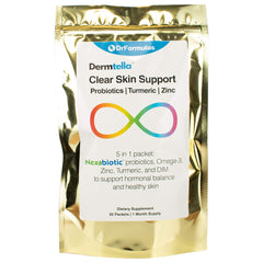 DrFormulas Dermtella bottle pouring capsules for balanced skin health support.