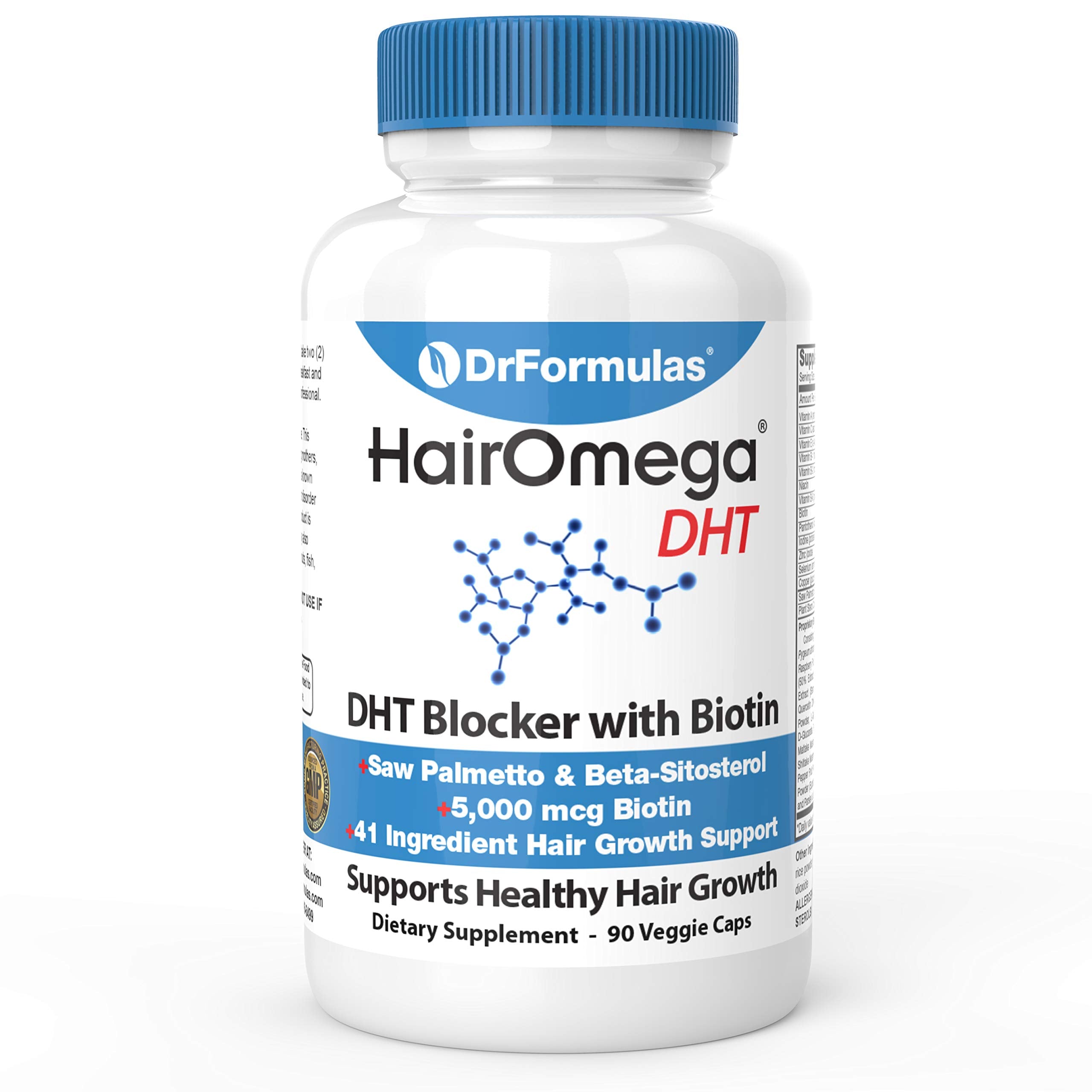 DrFormulas HairOmega DHT Blocker bottle shown for daily hair health.