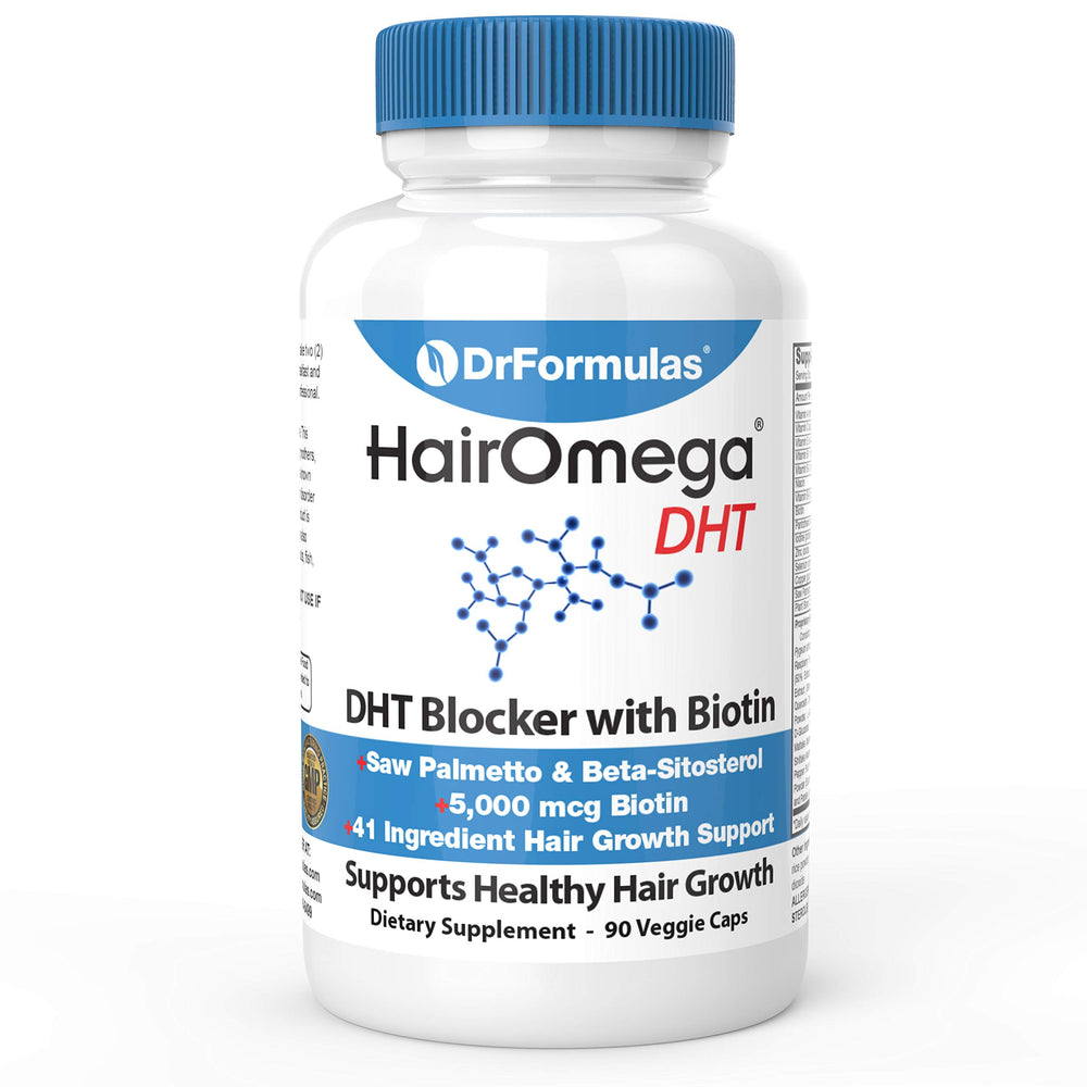 DrFormulas HairOmega DHT Blocker bottle shown for daily hair health.
