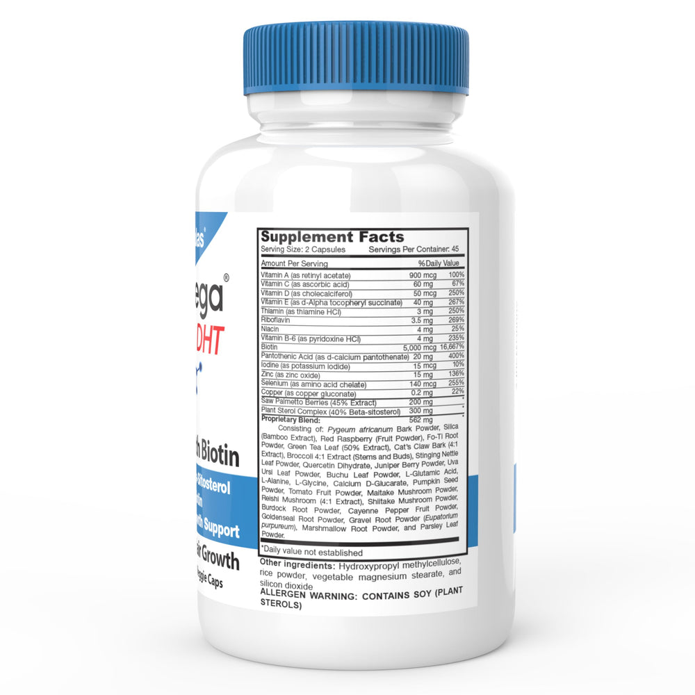 HairOmega DHT Blocker pills closeup highlighting Biotin 5000 mcg for nourishing hair roots.