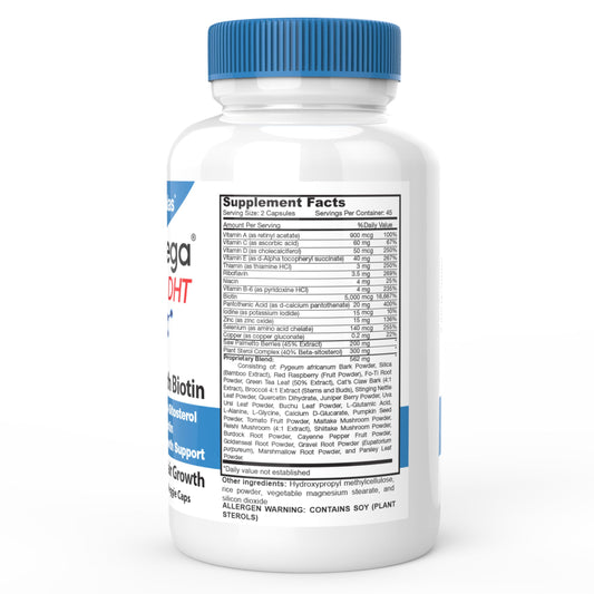 HairOmega DHT Blocker pills closeup highlighting Biotin 5000 mcg for nourishing hair roots.