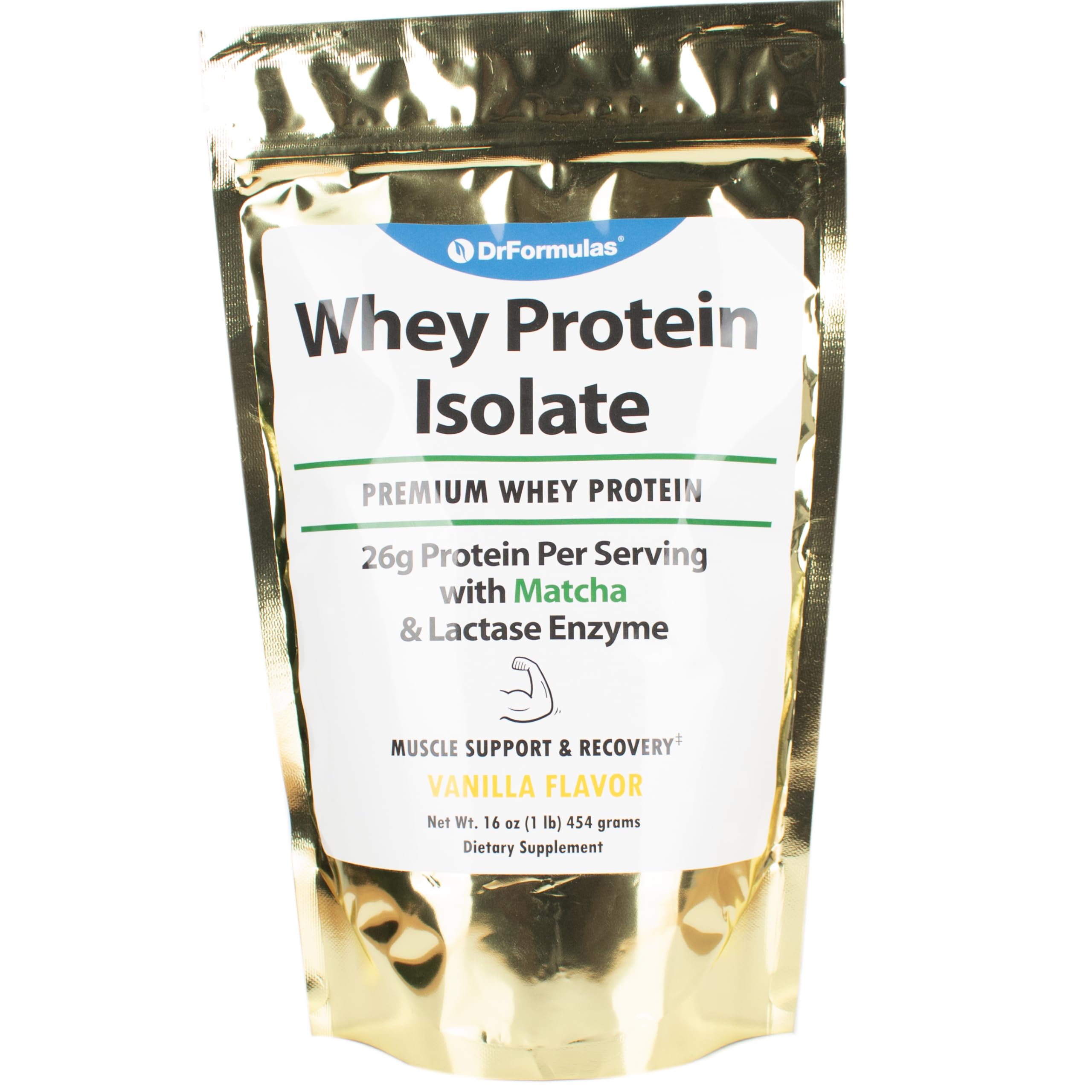 DrFormulas lactose-free whey protein powder with vanilla matcha flavor for lean gains